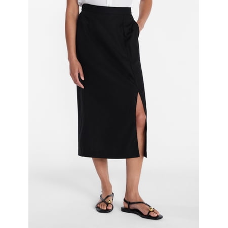 Time and Tru Women's and Women’s Plus Linen Blend Midi Skirt with Side Slit, Sizes XS-XXXL