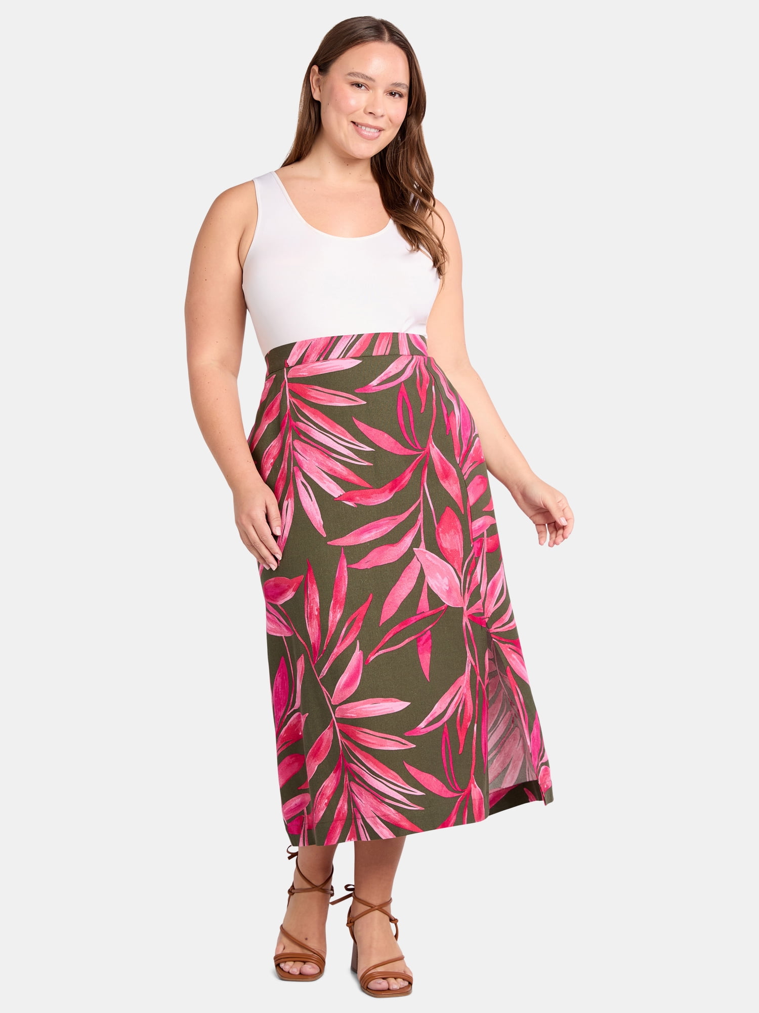 Time and Tru Women's Linen-Blend Slip Skirt with Side Slit, Sizes XS-4X