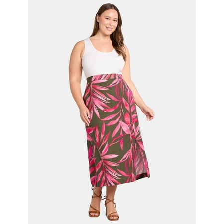Time and Tru Women's and Women’s Plus Linen Blend Midi Skirt with Side Slit, Sizes XS-4X