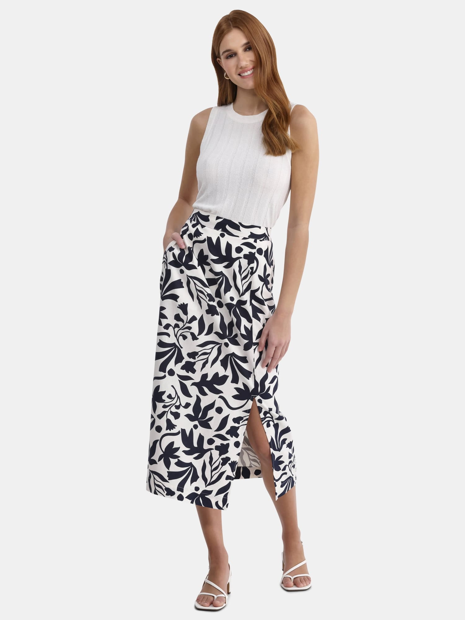Time and Tru Women's Linen-Blend Slip Skirt with Side Slit, Sizes XS-4X