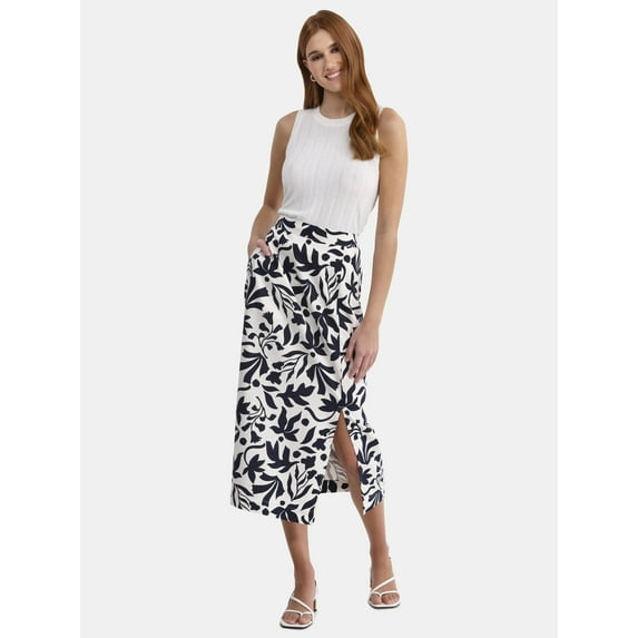 Time and Tru Women's and Women’s Plus Linen Blend Midi Skirt with Side Slit, Sizes XS-4X