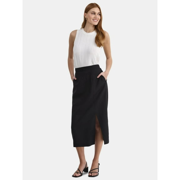 Time and Tru Women's and Women’s Plus Linen Blend Midi Skirt with Side Slit, Sizes XS-4X