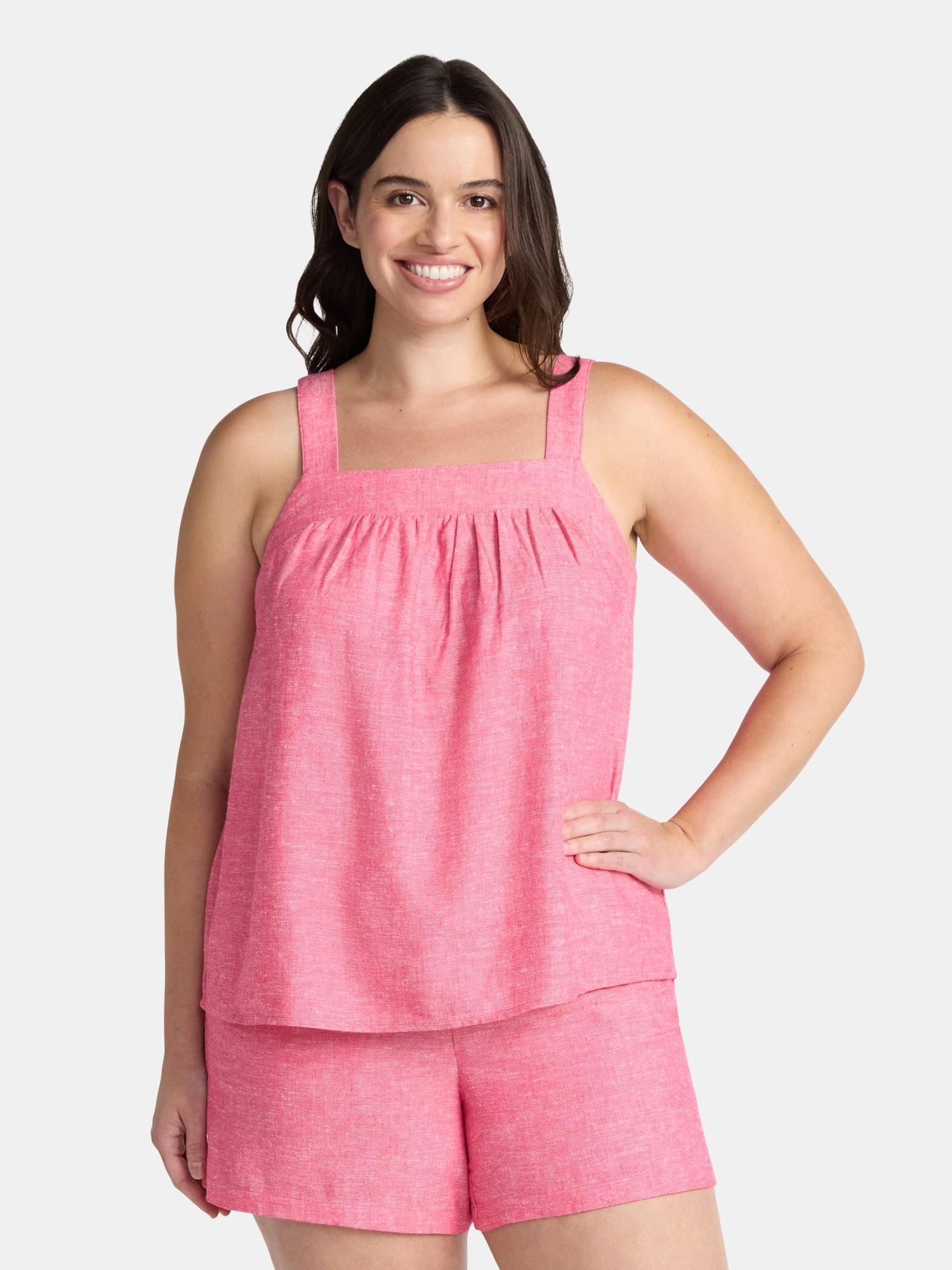 Time and Tru Women's Linen Blend Tank Top and Shorts Set, 2-Piece, Sizes XS-4X