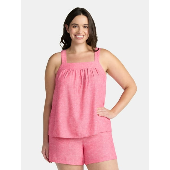 Time and Tru Women's Linen Blend Tank Top and Shorts Set, 2-Piece, Sizes XS-4X