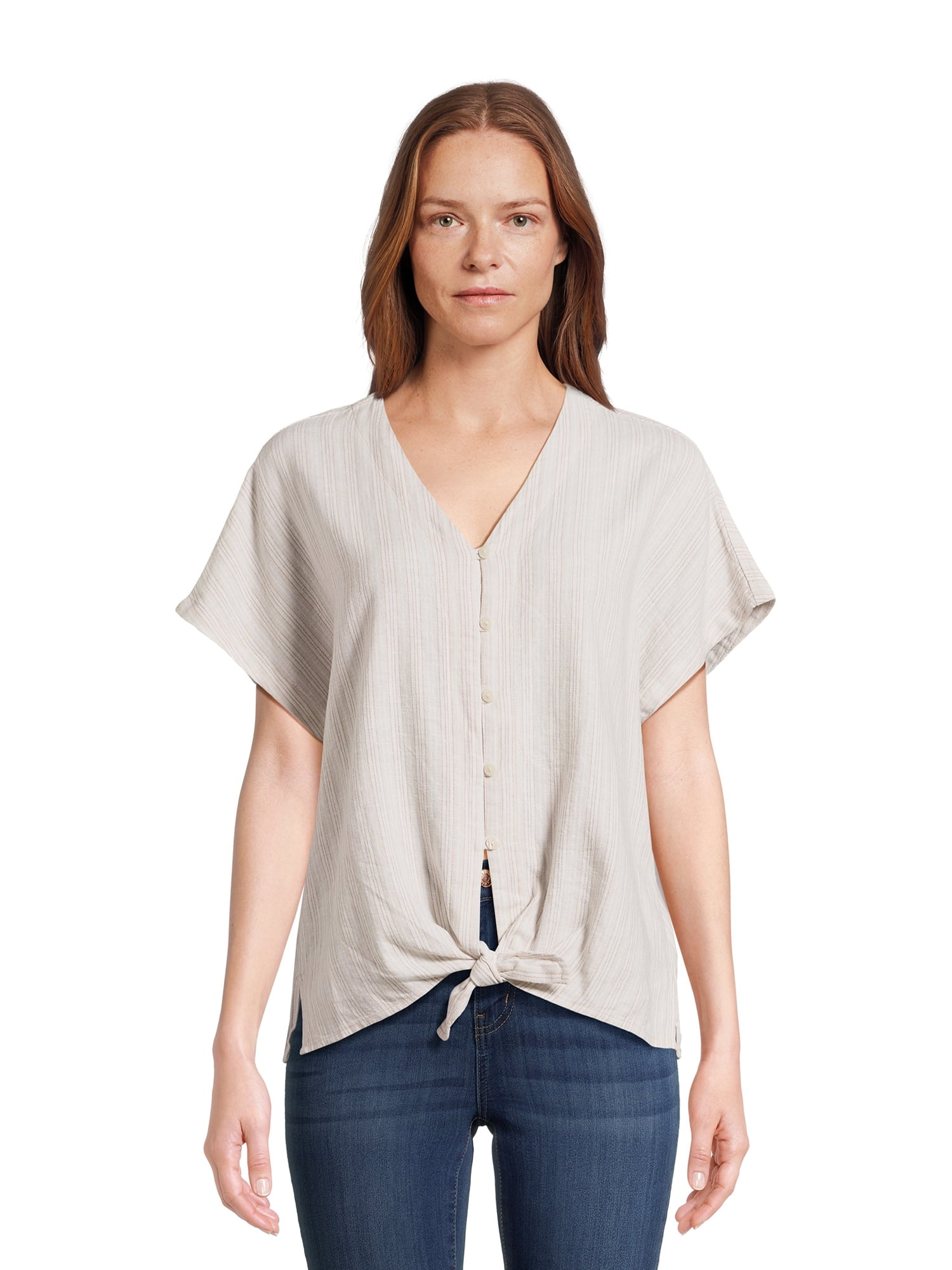 Time and Tru Women's Linen Blend Tie Front Top, Sizes S-XXXL