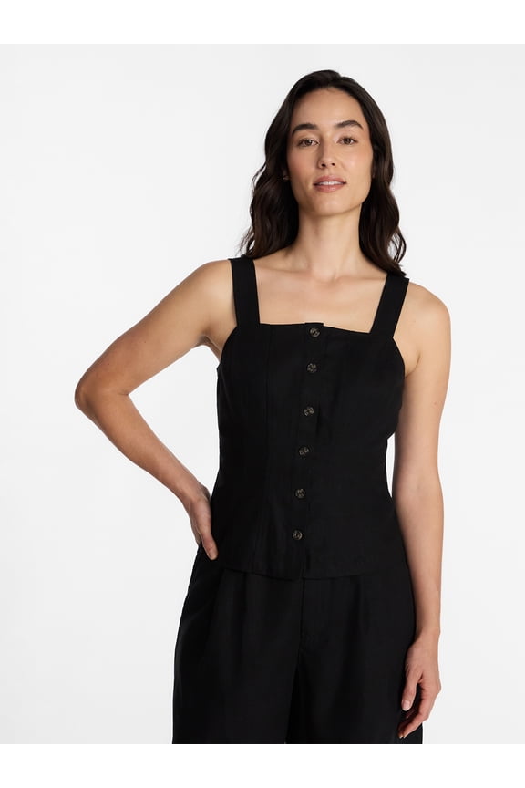 Women's Linen Blend Button Front Tank Top with Adjustable Straps, Sizes XS-XXXL
