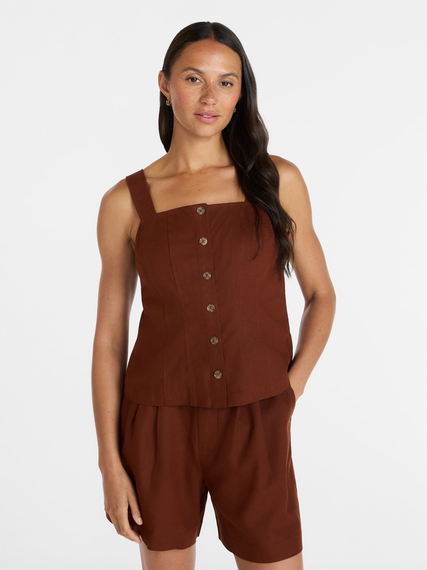 Time and Tru Women's Linen Blend Button Front Tank Top with Adjustable Straps, Sizes XS-XXXL
