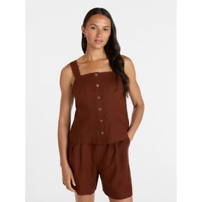 Time and Tru Women's Linen Blend Button Front Tank Top with Adjustable Straps, Sizes XS-XXXL