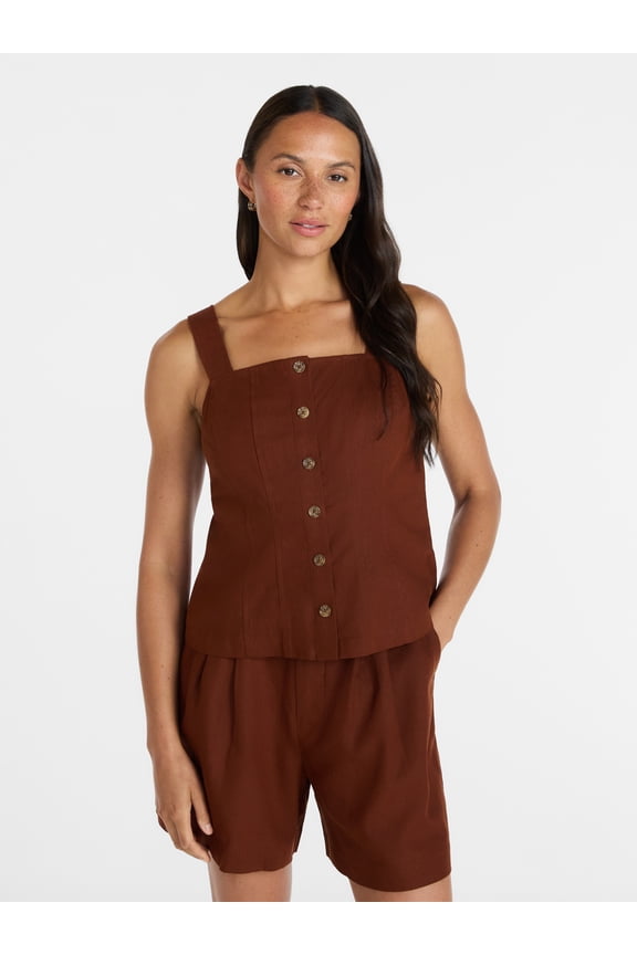 Women's Linen Blend Button Front Tank Top with Adjustable Straps, Sizes XS-XXXL