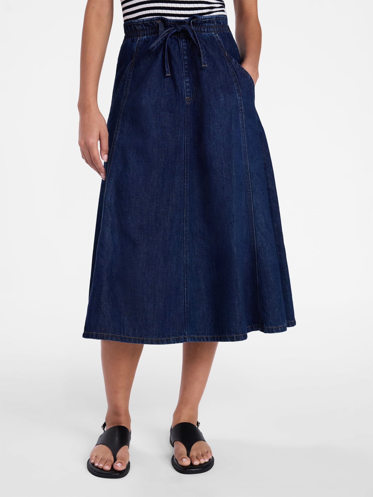 Time and Tru Women's Tie Waist Denim Midi Skirt, Sizes XS-XXXL