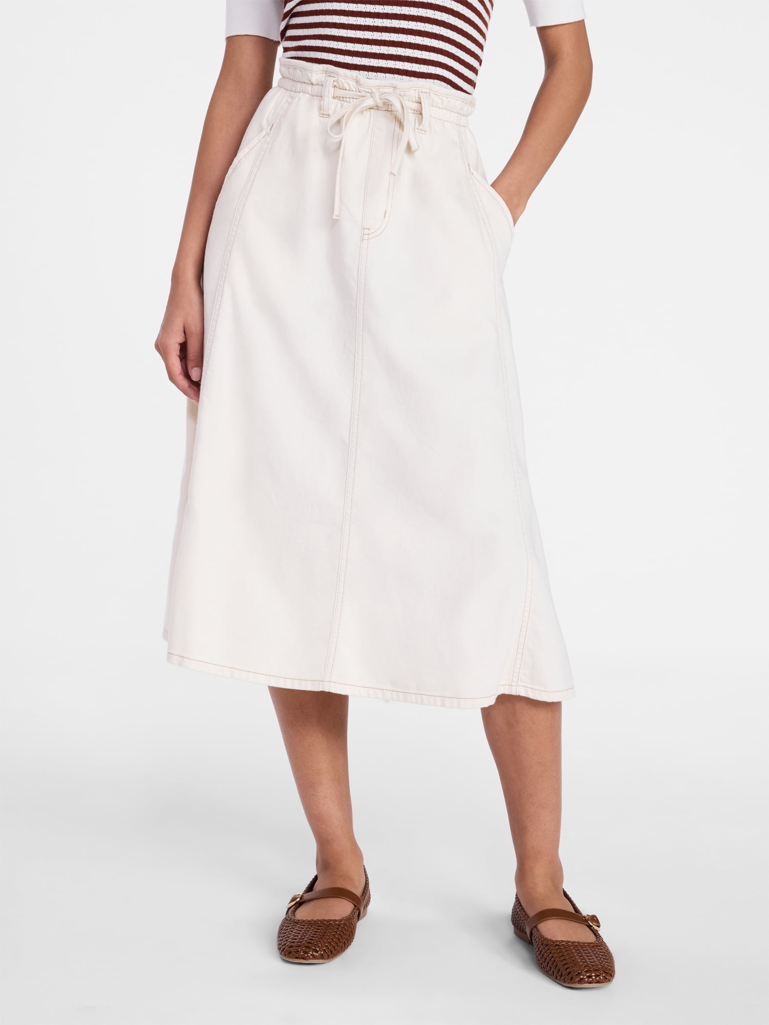 Time and Tru Women's Tie Waist Denim Midi Skirt, Sizes XS-XXXL
