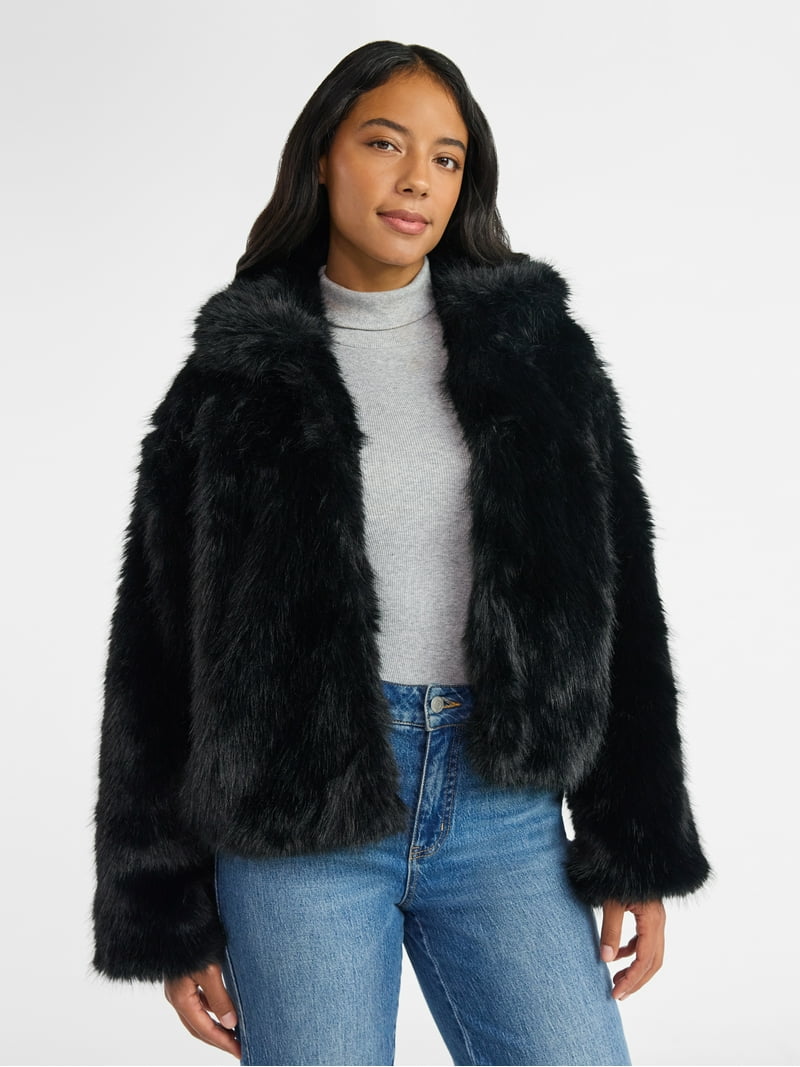 Time and Tru Women's and Women's Plus Plush Faux Fur Jacket