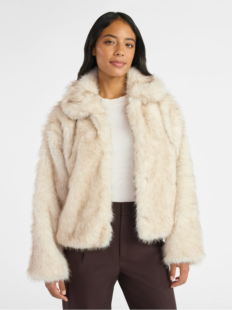 Time and Tru Women's and Women's Plus Plush Faux Fur Jacket