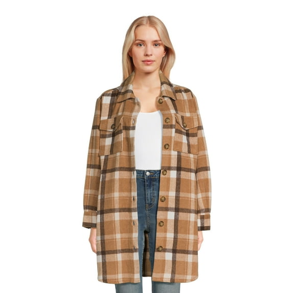 Time and Tru Women's Long Line Plaid Shacket, Sizes XS -XXXL