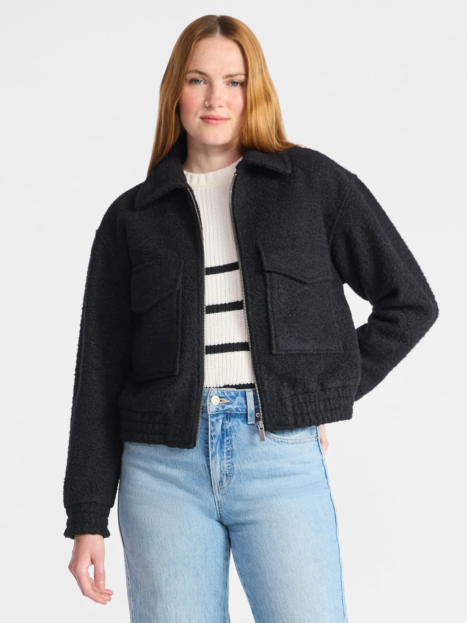 Time and Tru Women's Boucle Zip Bomber Jacket, Midweight, Sizes XS