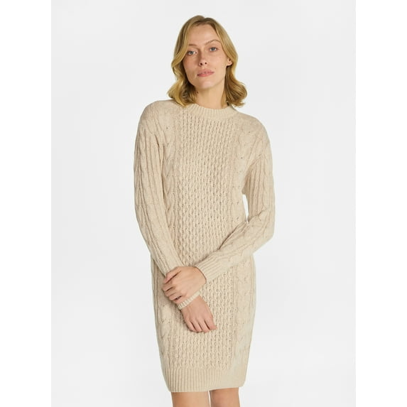 Time and Tru Women's Cable Knit Sweater Dress with Long Sleeves, Sizes XS-3XL
