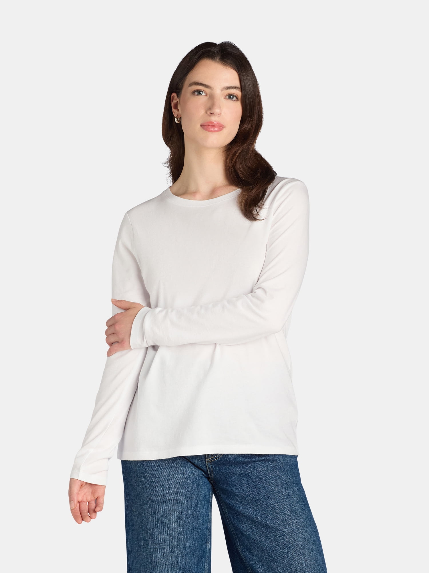 Time and Tru Women's Cotton Crewneck Tee with Long Sleeves, Single and 3 Pack, Sizes XS-XXXL
