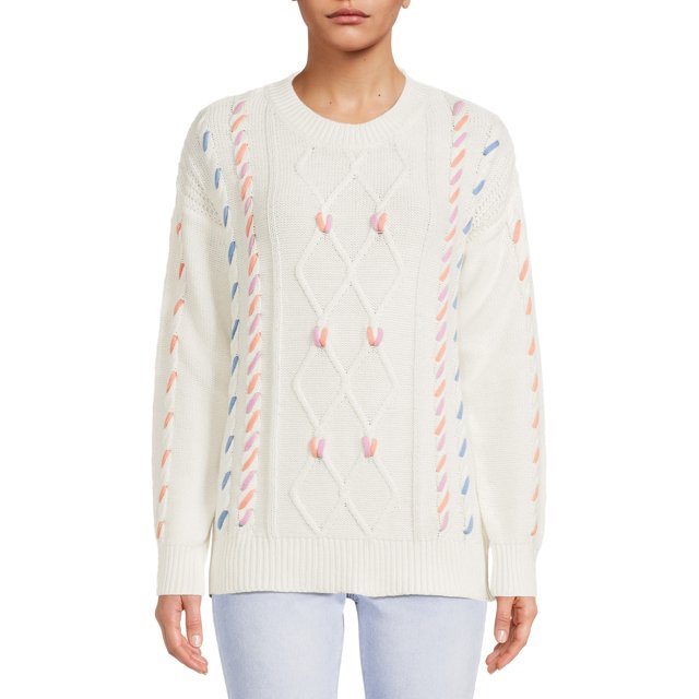 Minnie Rose Women's Cable Knit Cotton Sweater - Long Sleeve Crewneck With Frayed Edges