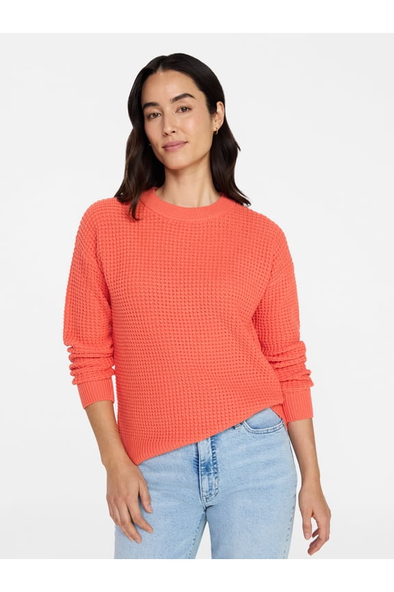 Women's Waffle Stitch Sweater with Long Sleeves, Sizes XS-XXXL