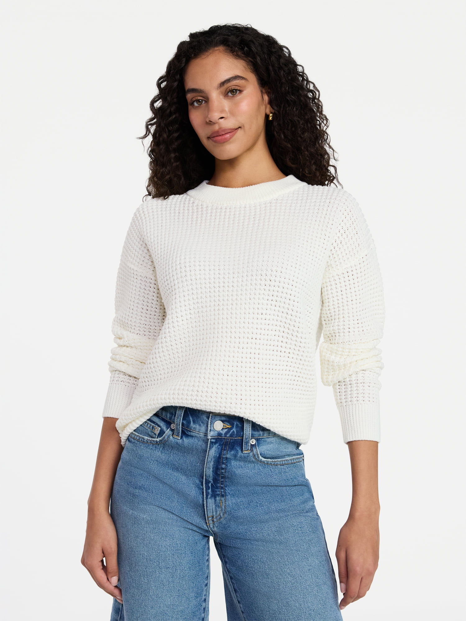 Time and Tru Women's Waffle Stitch Sweater with Long Sleeves, Sizes XS-XXXL