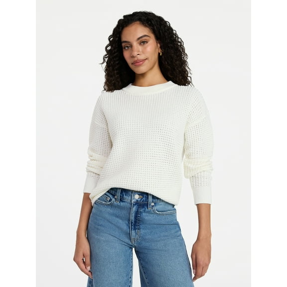 Time and Tru Women's Waffle Stitch Sweater with Long Sleeves, Sizes XS-XXXL