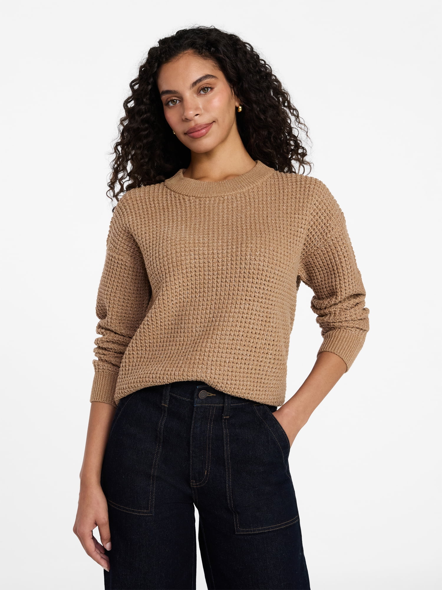 Time and Tru Women's Waffle Stitch Sweater with Long Sleeves, Sizes XS-XXXL
