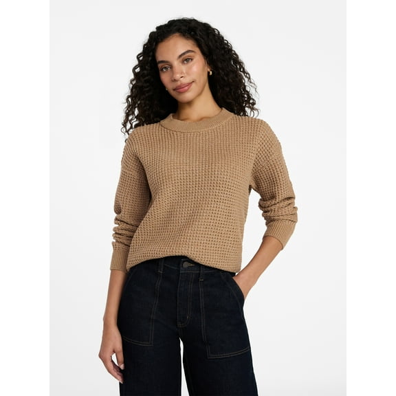 Time and Tru Women's Waffle Stitch Sweater with Long Sleeves, Sizes XS-XXXL