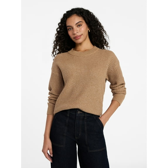 Time and Tru Women's Waffle Stitch Sweater with Long Sleeves, Sizes XS-XXXL