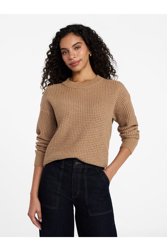 Women's Waffle Stitch Sweater with Long Sleeves, Sizes XS-XXXL