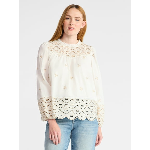 Time and Tru Women's Cotton Eyelet Blouse with Long Sleeves, Sizes XS-XXXL