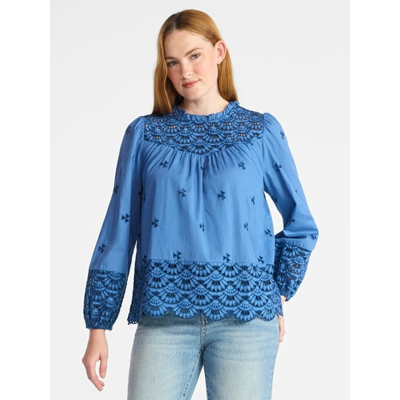 Time and Tru Women's Cotton Eyelet Blouse with Long Sleeves, Sizes XS-XXXL