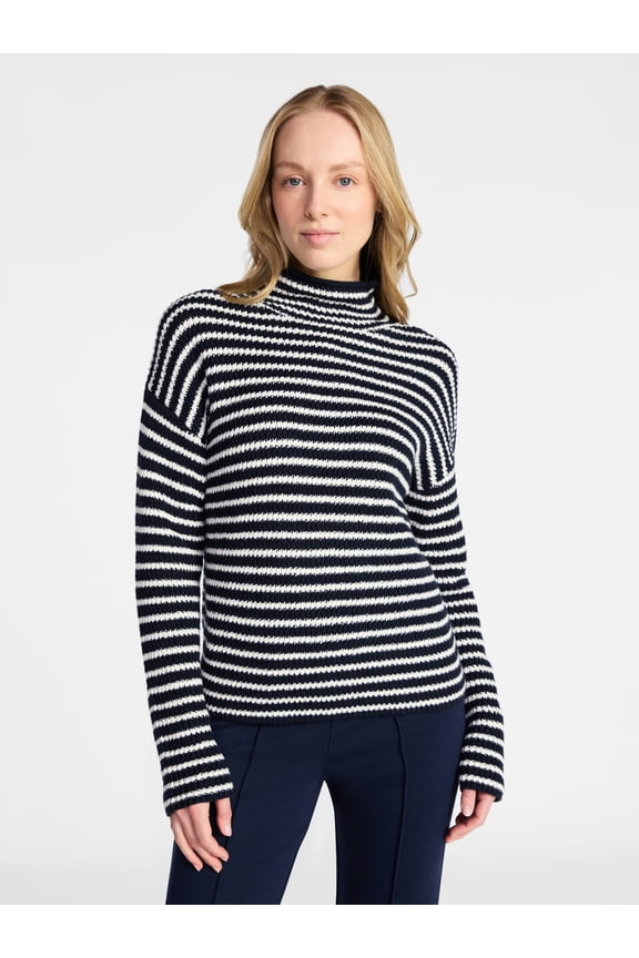 Women's Stripe Funnel Neck Sweater with Long Sleeves, Midweight, Sizes, XS-XXXL