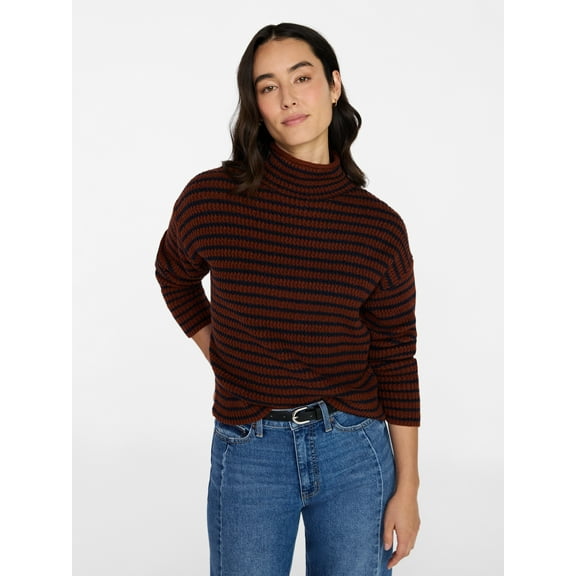 Time and Tru Women's Stripe Funnel Neck Sweater with Long Sleeves, Midweight, Sizes, XS-XXXL
