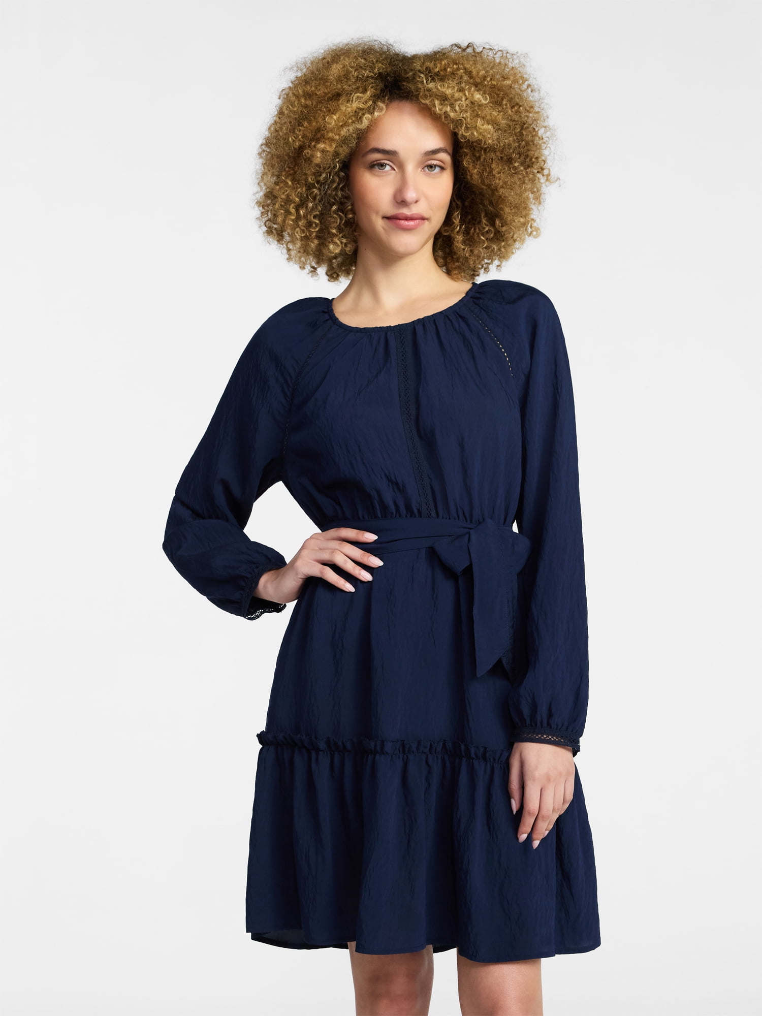 Time and Tru Women's Lace Trimmed Mini Dress with Long Sleeves, Sizes XS – XXXL