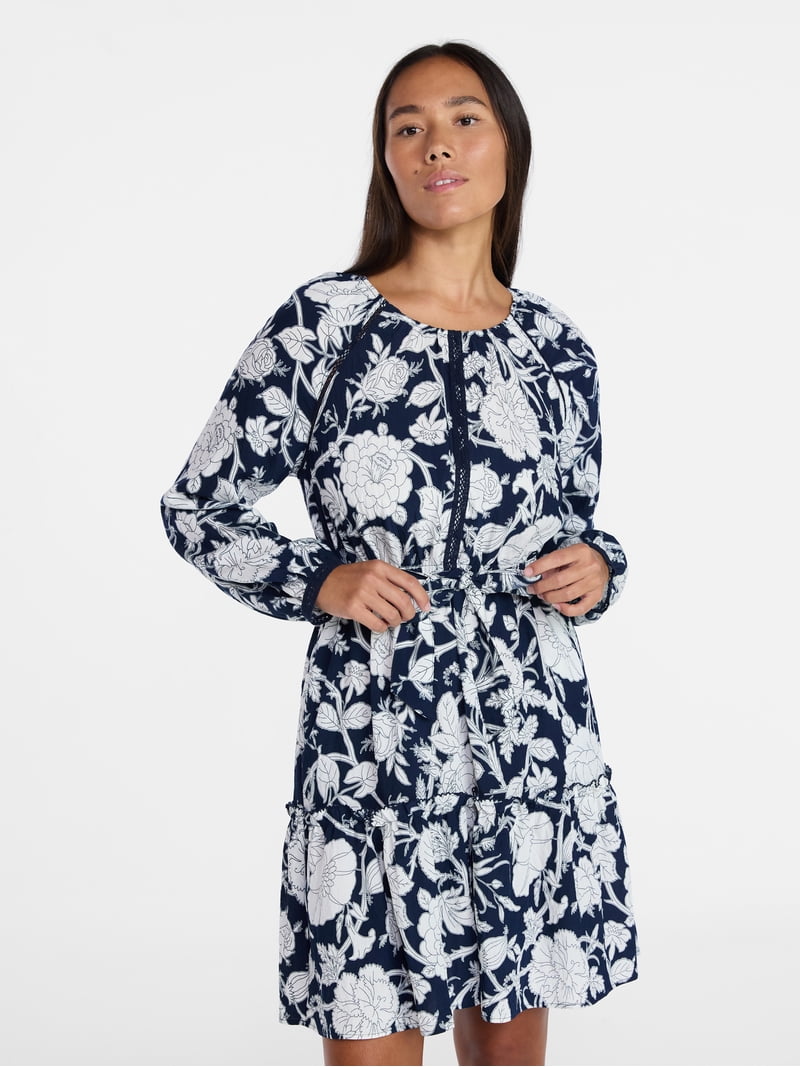 Time and Tru Women's Lace Trimmed Mini Dress with Long Sleeves, Sizes Xs XXXL