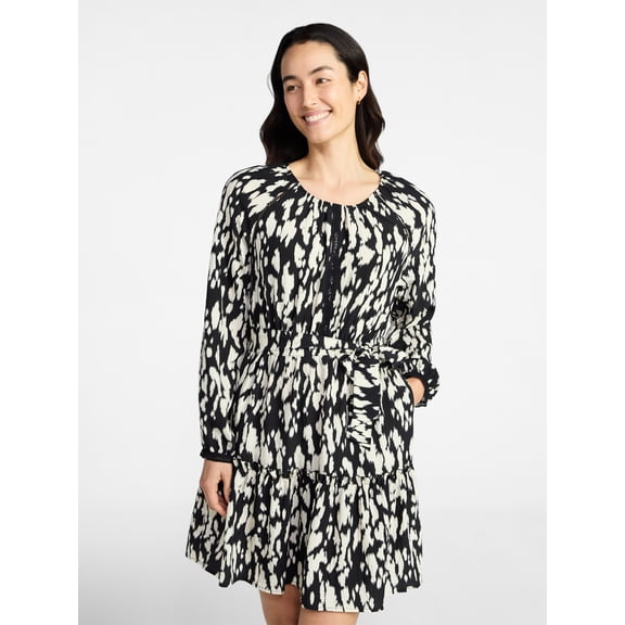 Time and Tru Women's Lace Trimmed Mini Dress with Long Sleeves, Sizes XS – XXXL