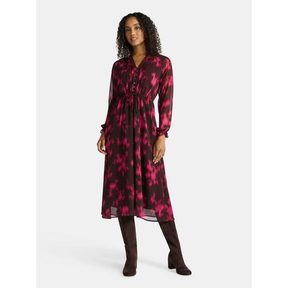 Time and Tru Women's Pintuck Midi Dress with Long Sleeves, Sizes XS-XXXL