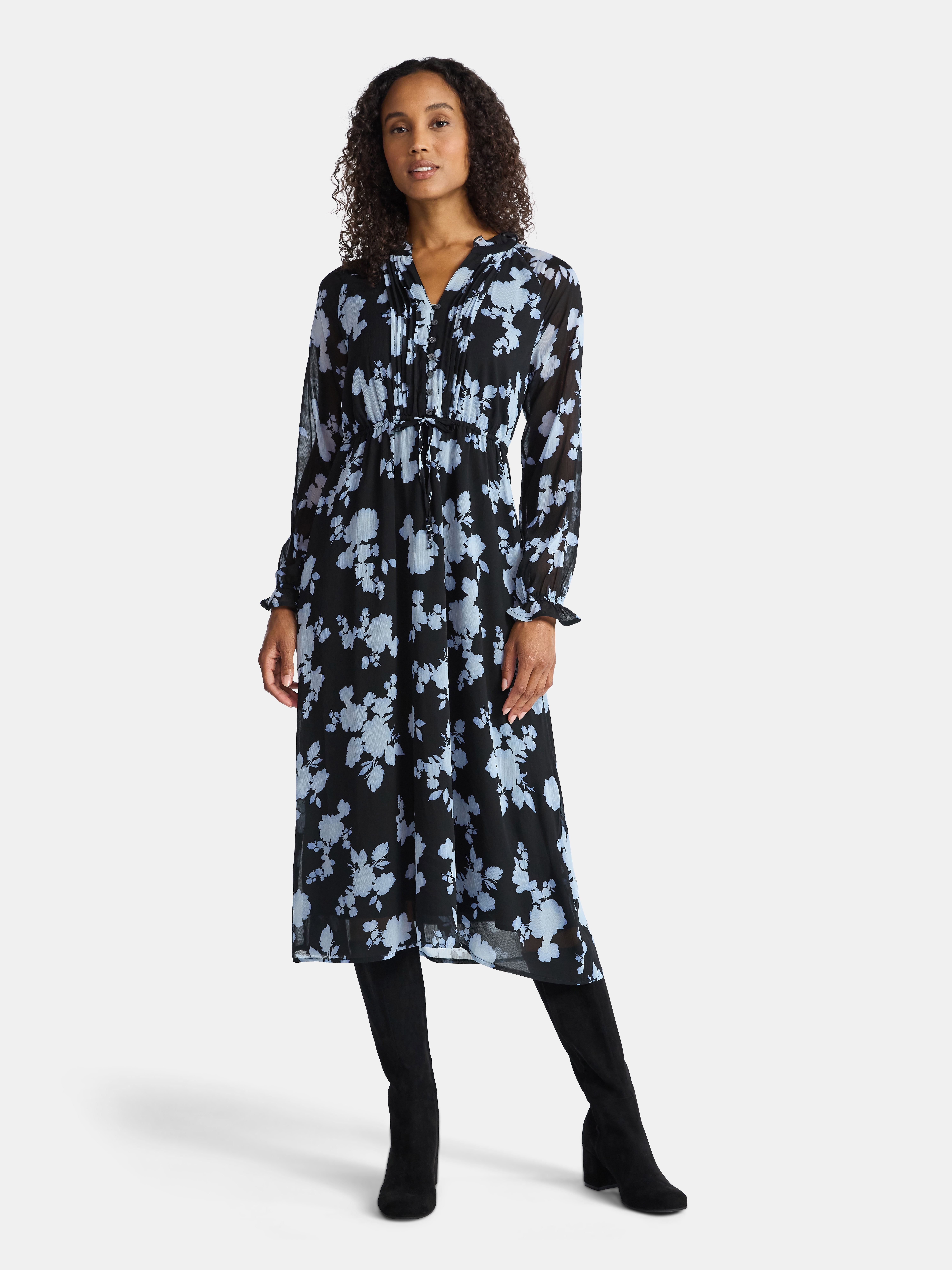 Time and Tru Women's Pintuck Midi Dress with Long Sleeves, Sizes XS-XXXL