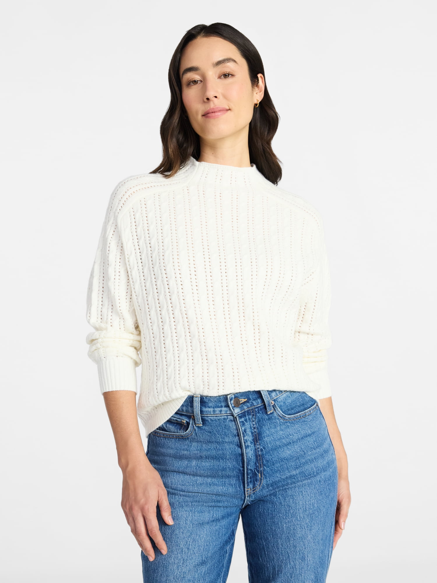 Time and Tru Women's Pointelle Mock Neck Pullover Sweater with Long Sleeves, Lightweight, Sizes XS-XXXL
