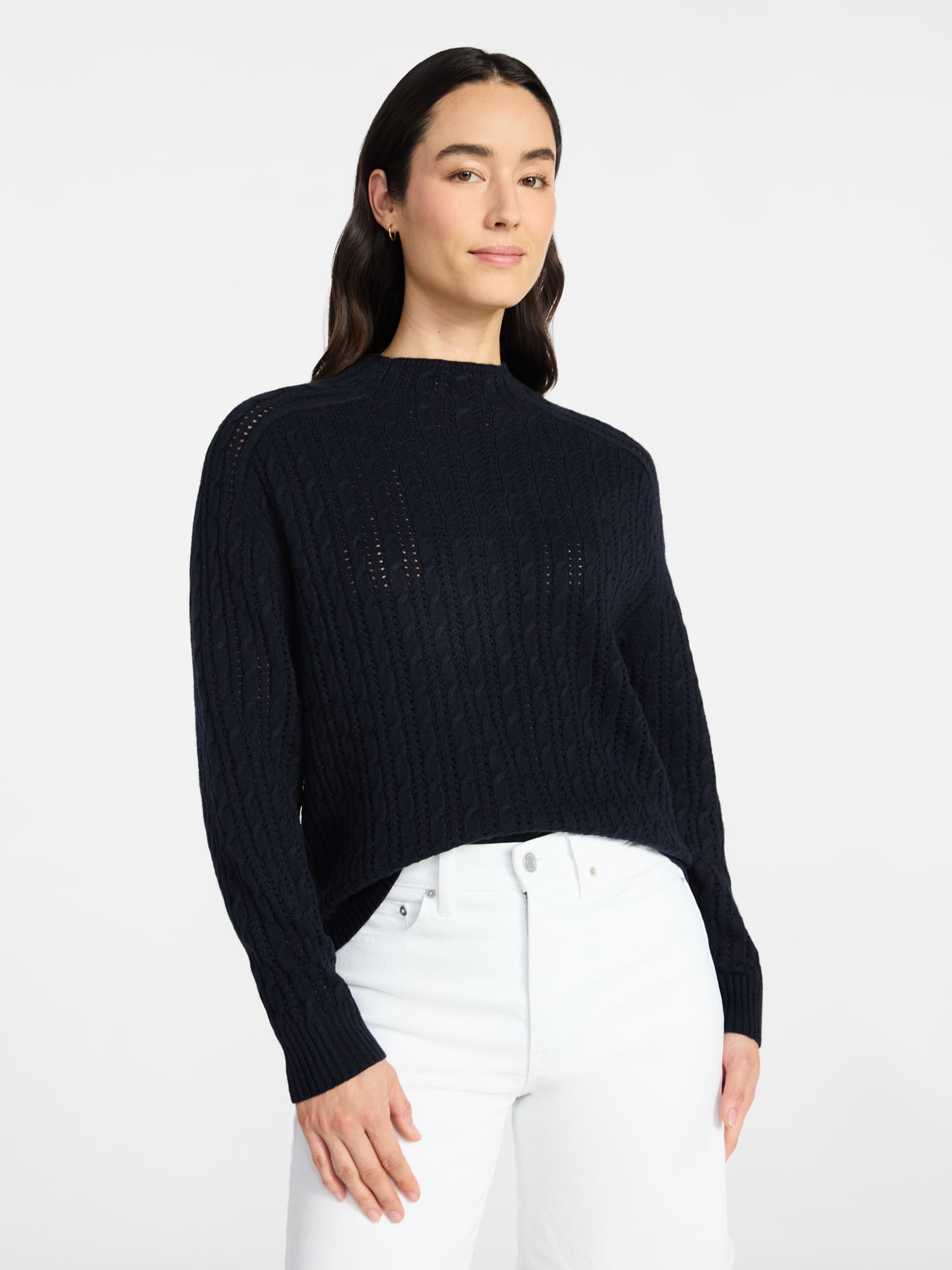 Time and Tru Women's Pointelle Mock Neck Pullover Sweater with Long Sleeves, Lightweight, Sizes XS-XXXL