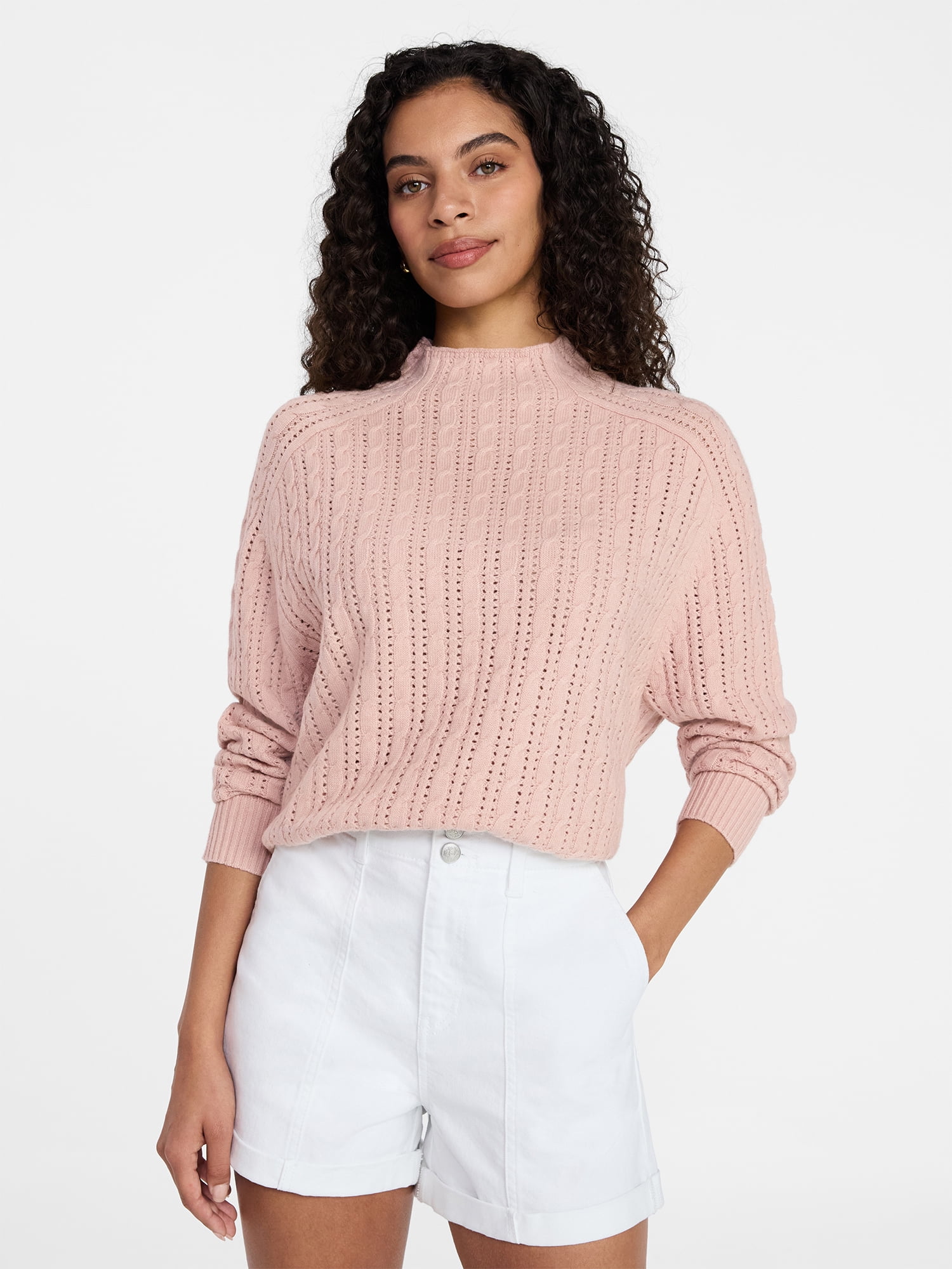 Time and Tru Women's Pointelle Mock Neck Sweater with Long Sleeves, Lightweight, Sizes, XS-XXXL