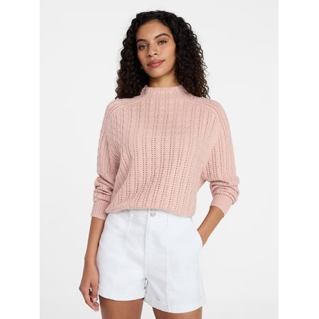 Time and Tru Women's Pointelle Mock Neck Sweater with Long Sleeves, Lightweight, Sizes, XS-XXXL