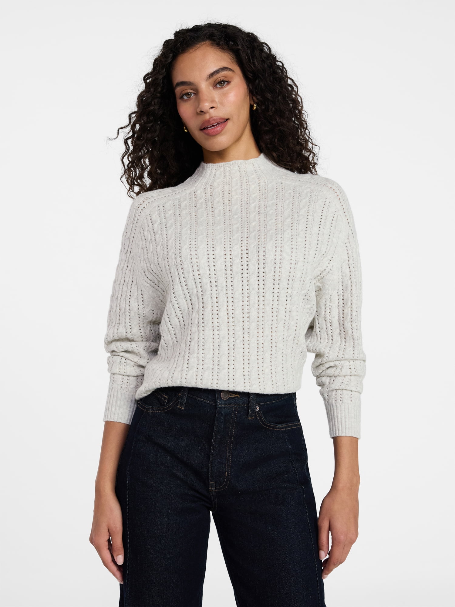 Time and Tru Women's Pointelle Mock Neck Sweater with Long Sleeves, Lightweight, Sizes, XS-XXXL