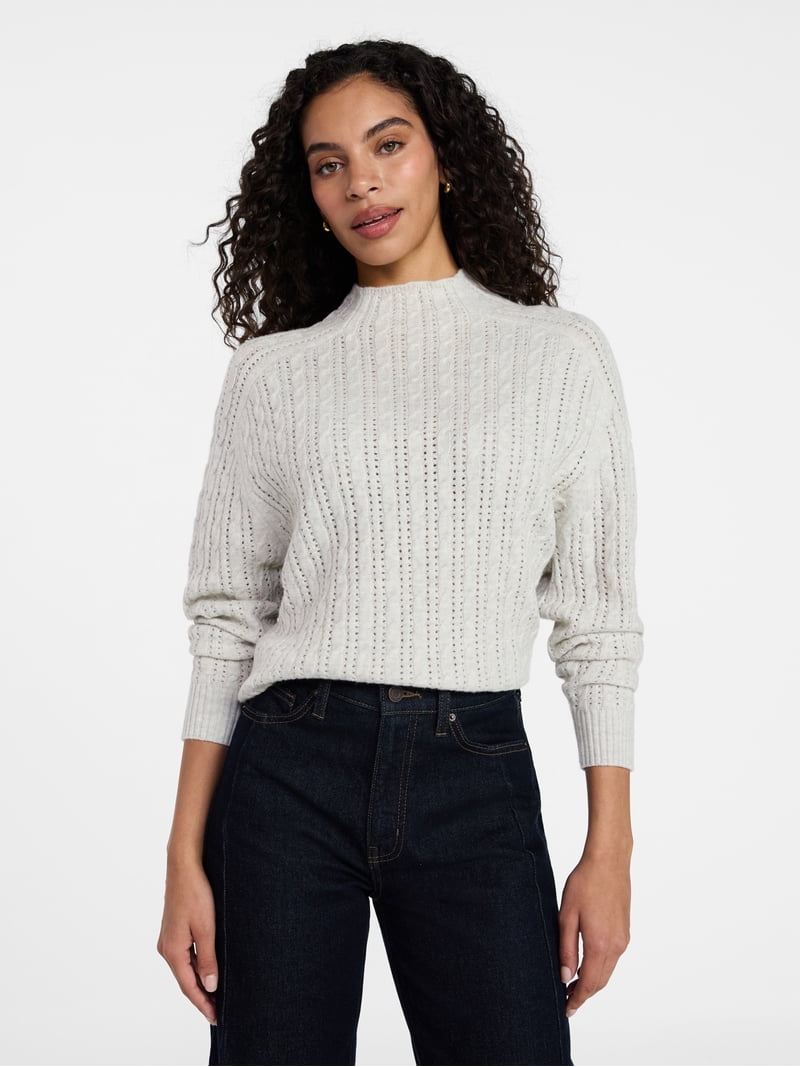 Time and Tru Women's Pointelle Mock Neck Sweater with Long Sleeves, Lightweight, Sizes, Xs-xxxl