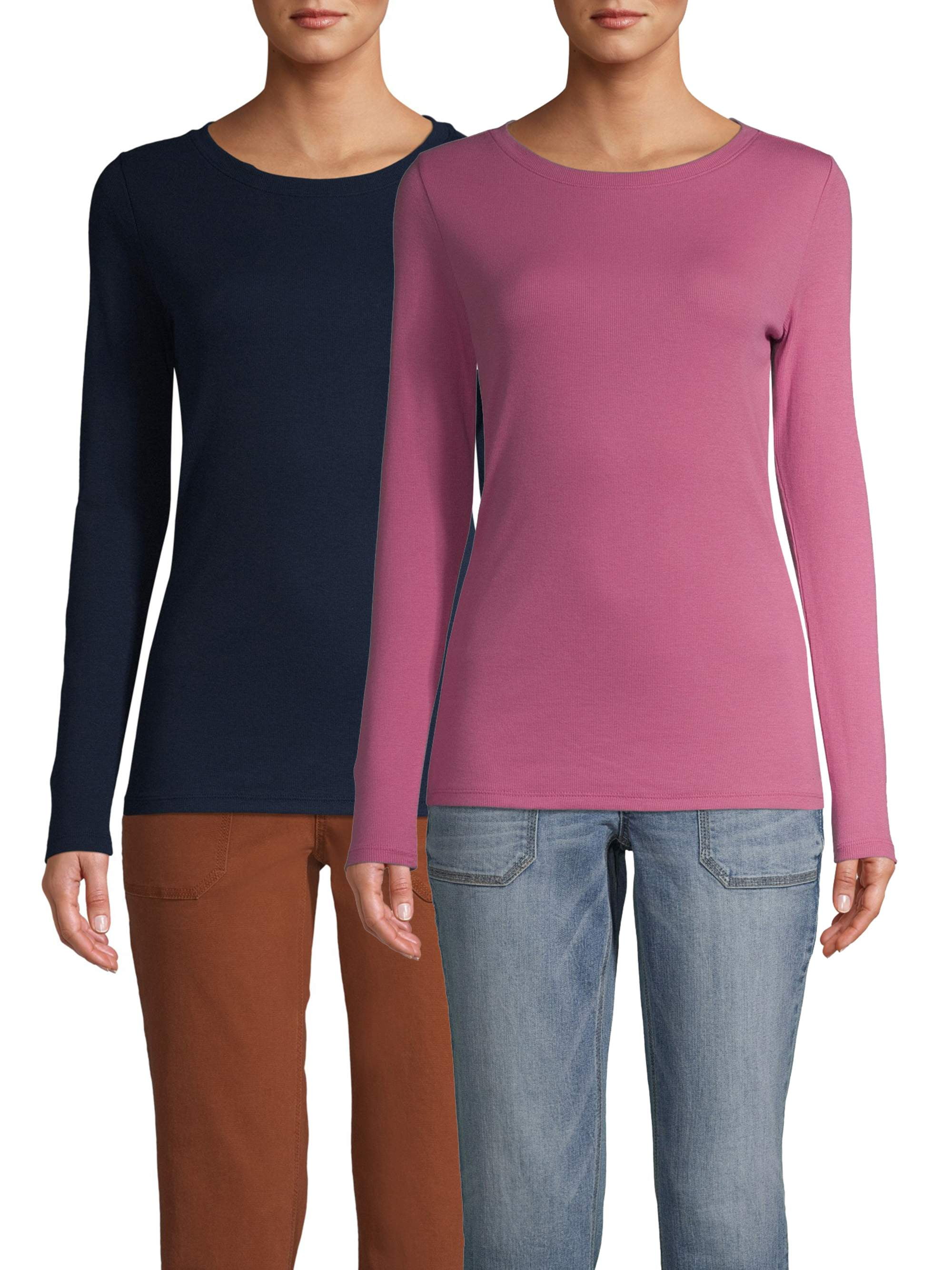Time and Tru Women's Long Sleeve Ribbed T-Shirt, 2-Pack - Walmart.com