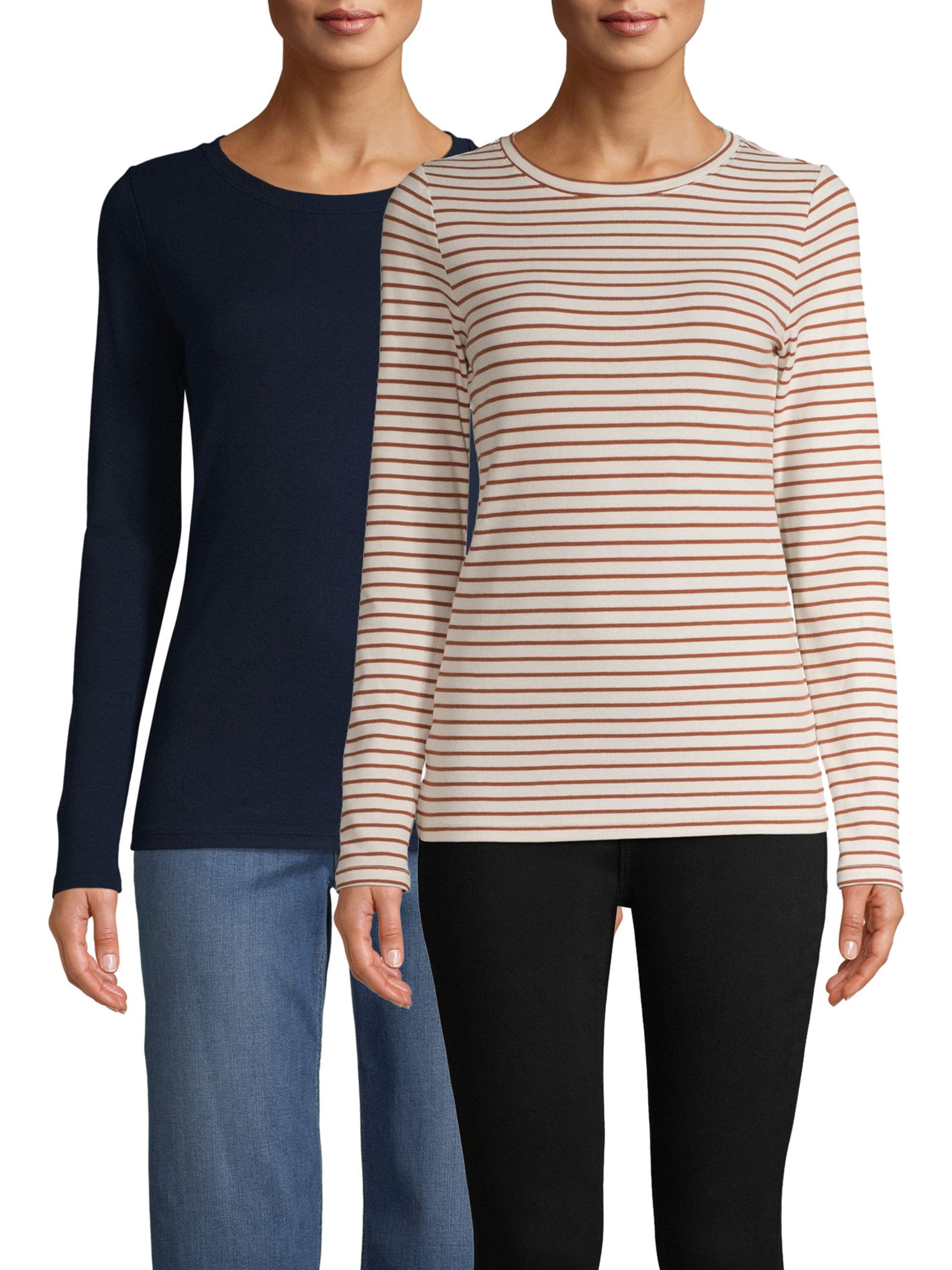 Time and Tru Women's Long Sleeve Ribbed T-Shirt, 2-Pack 