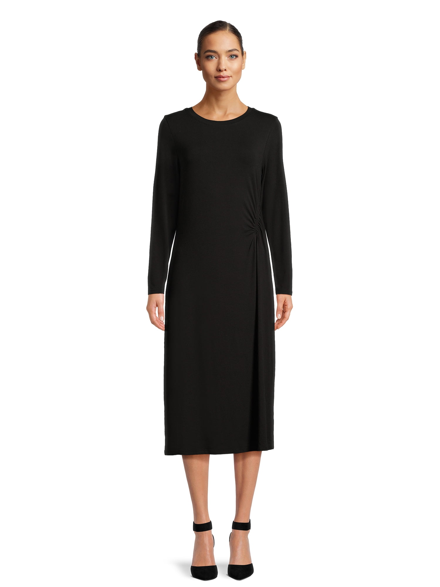Time and Tru Women’s Long Sleeve Ruched Midi Dress - Walmart.com