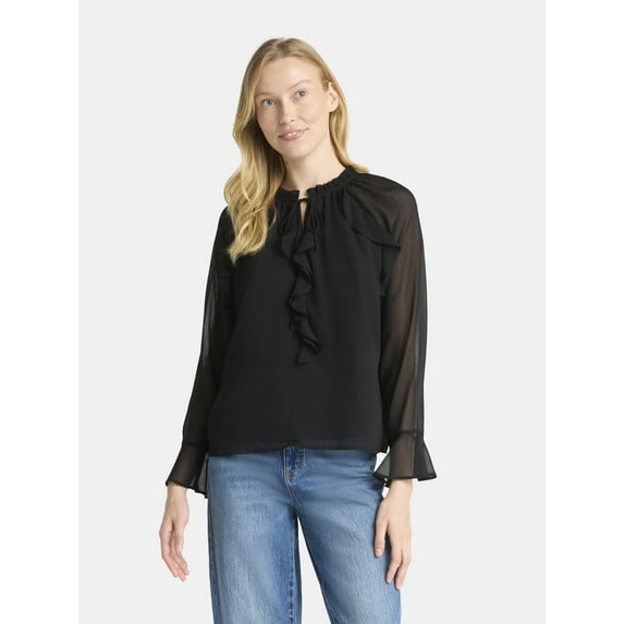 Time and Tru Women's Ruffle Blouse with Long Sleeves, Sizes XS-XXXL