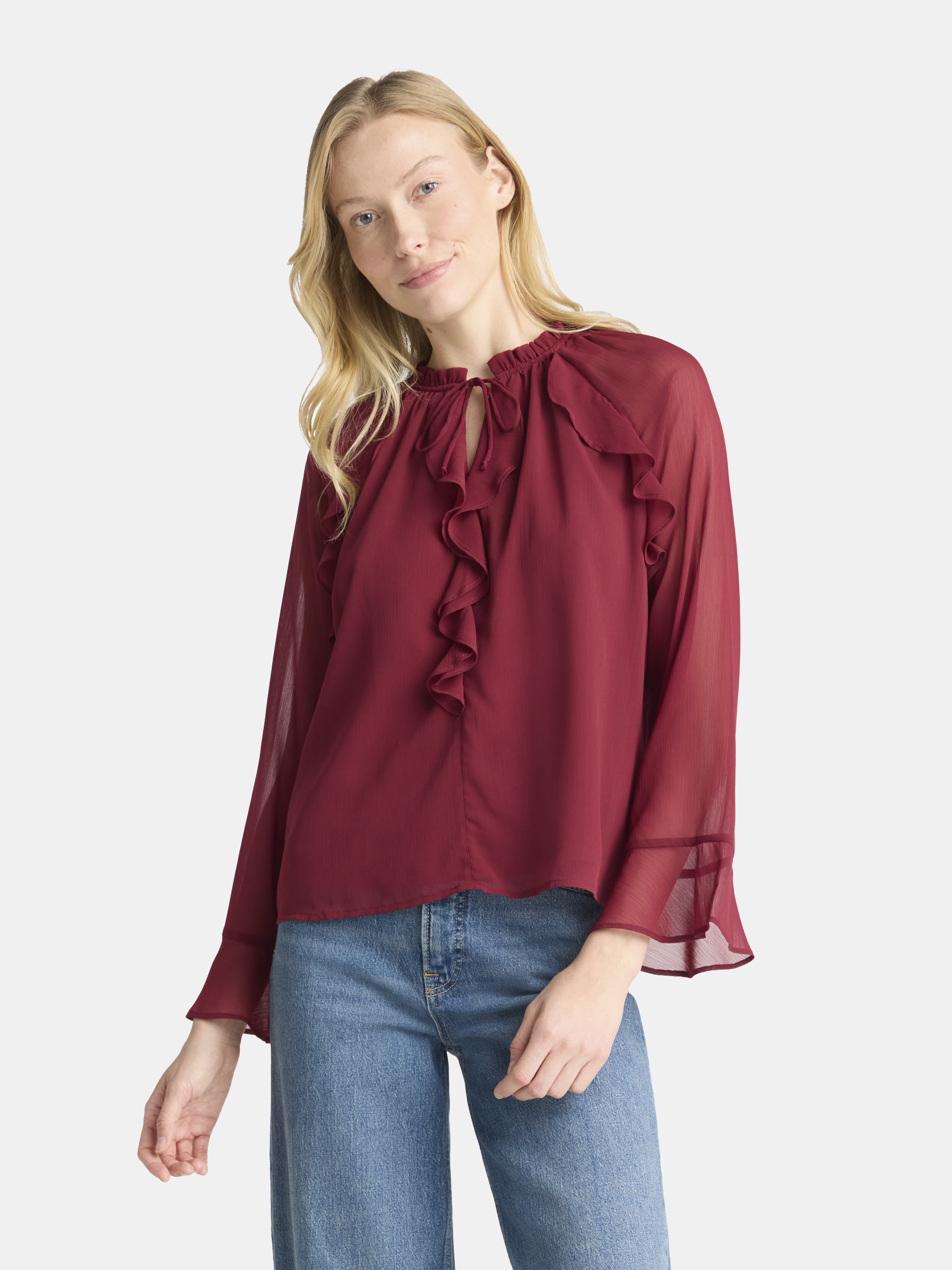 Time and Tru Women's Ruffle Blouse with Long Sleeves, Sizes XS-XXXL ... Time and Tru Women's Ruffle Blouse with Long Sleeves, Sizes XS-XXXL ...