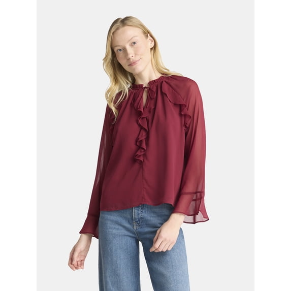 Time and Tru Women's Ruffle Blouse with Long Sleeves, Sizes XS-XXXL